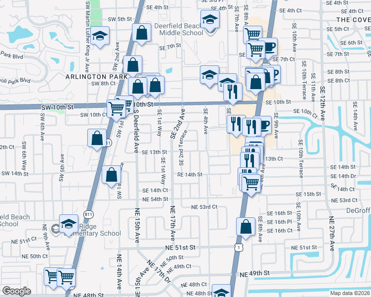 map of restaurants, bars, coffee shops, grocery stores, and more near 1301 Southeast 2nd Terrace in Deerfield Beach