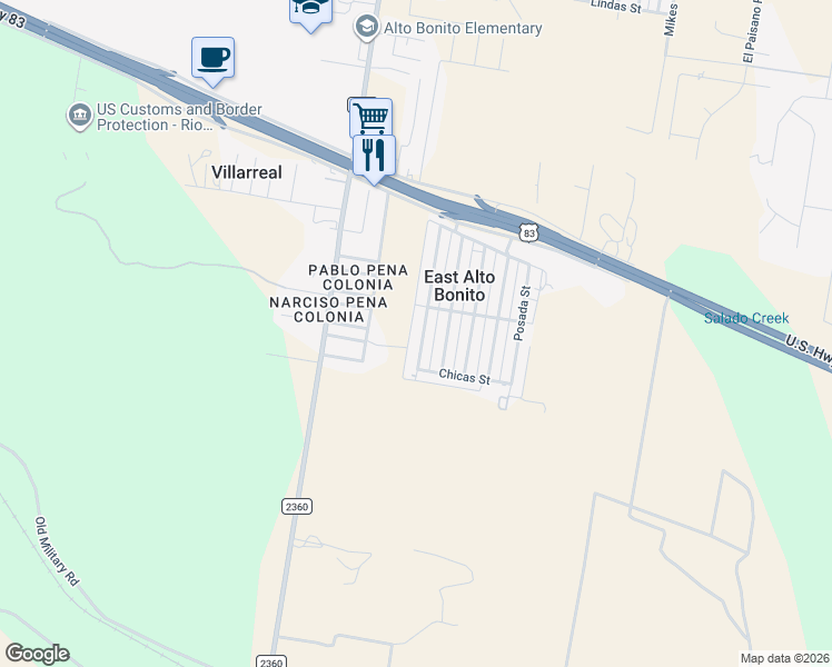 map of restaurants, bars, coffee shops, grocery stores, and more near 523 Benito Street in Rio Grande City