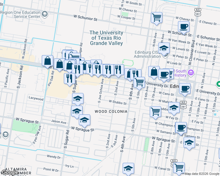 map of restaurants, bars, coffee shops, grocery stores, and more near 1021 West Mahl Street in Edinburg