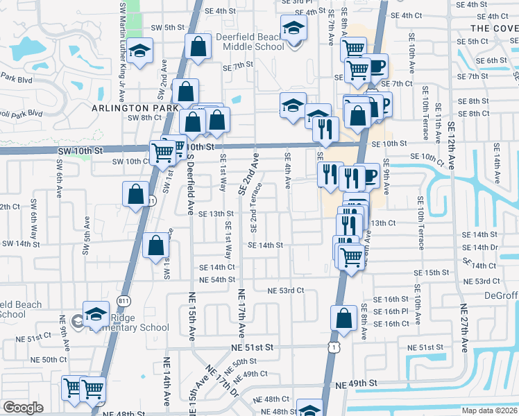 map of restaurants, bars, coffee shops, grocery stores, and more near 1301 Southeast 2nd Terrace in Deerfield Beach