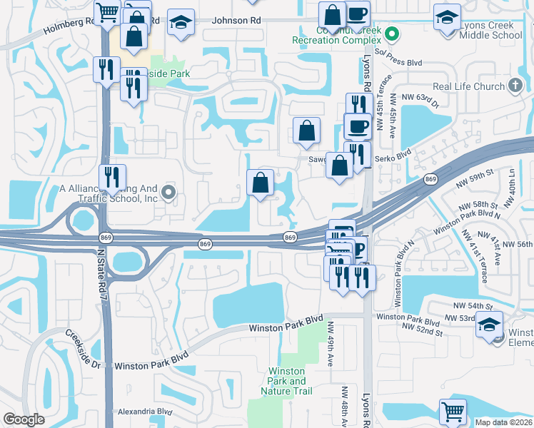 map of restaurants, bars, coffee shops, grocery stores, and more near 5724 Northwest 49th Lane in Coconut Creek