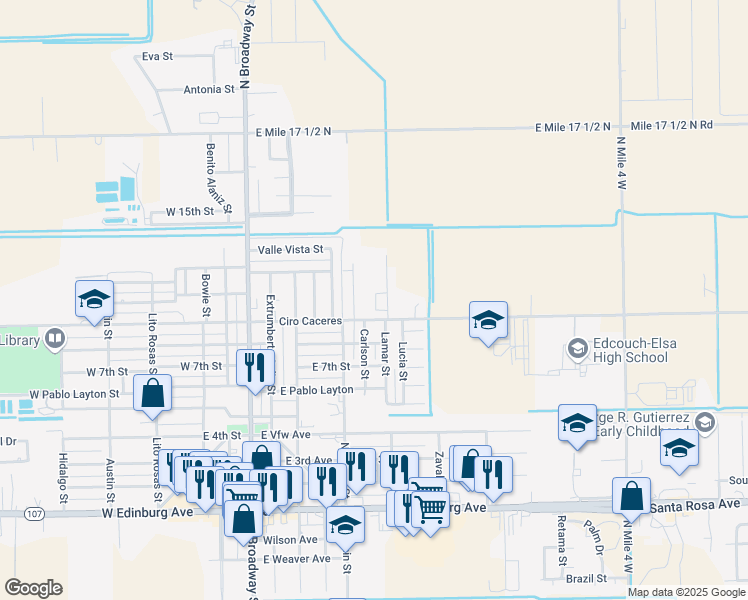 map of restaurants, bars, coffee shops, grocery stores, and more near 9 La Paz Street in Edcouch