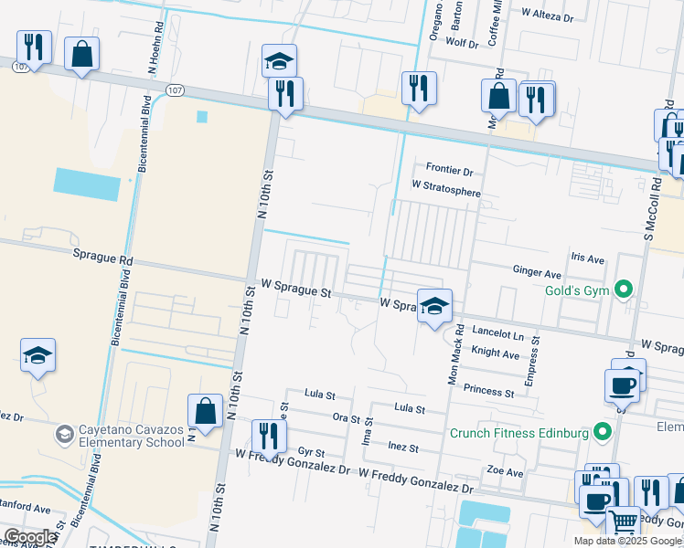 map of restaurants, bars, coffee shops, grocery stores, and more near 714 South Logan Drive in Edinburg