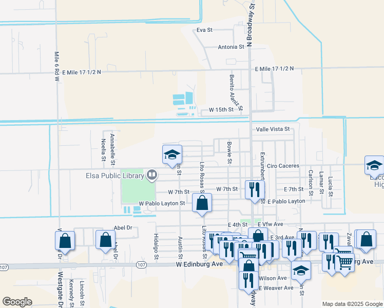 map of restaurants, bars, coffee shops, grocery stores, and more near 414 10th Avenue in Elsa
