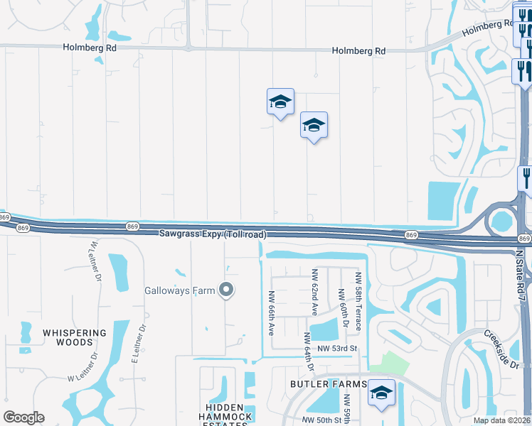 map of restaurants, bars, coffee shops, grocery stores, and more near 5741 Northwest 66th Way in Parkland
