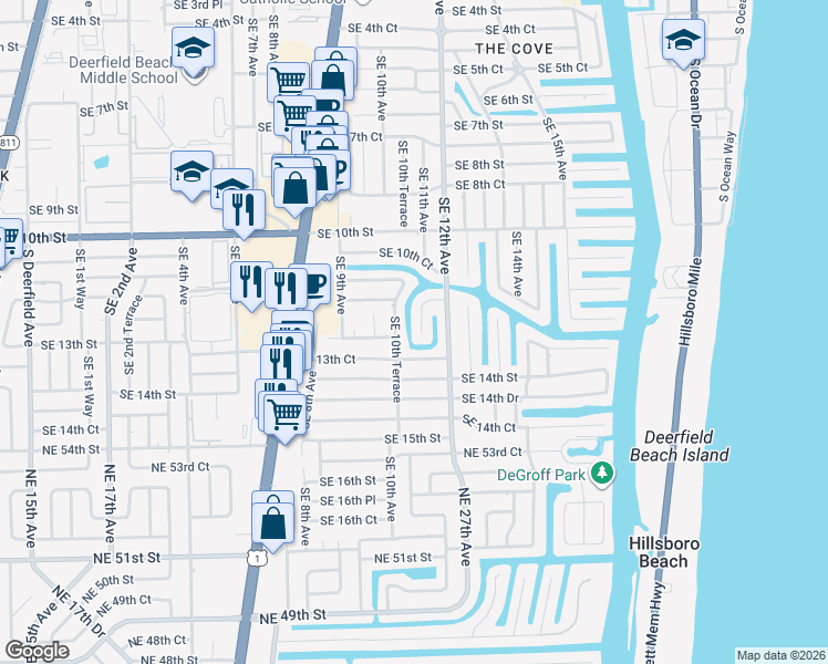 map of restaurants, bars, coffee shops, grocery stores, and more near 1107 Southeast 13th Court in Deerfield Beach