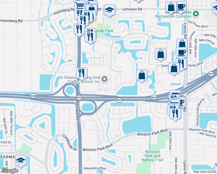 map of restaurants, bars, coffee shops, grocery stores, and more near 5590 Northwest 61st Street in Coconut Creek