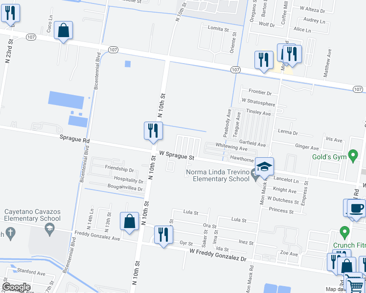 map of restaurants, bars, coffee shops, grocery stores, and more near 703 DFW Drive in Edinburg