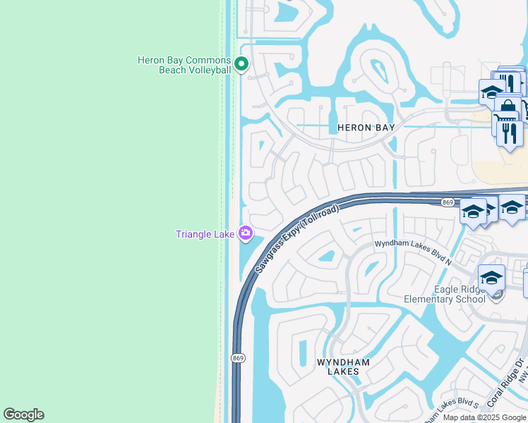 map of restaurants, bars, coffee shops, grocery stores, and more near 12573 Northwest 56th Drive in Coral Springs