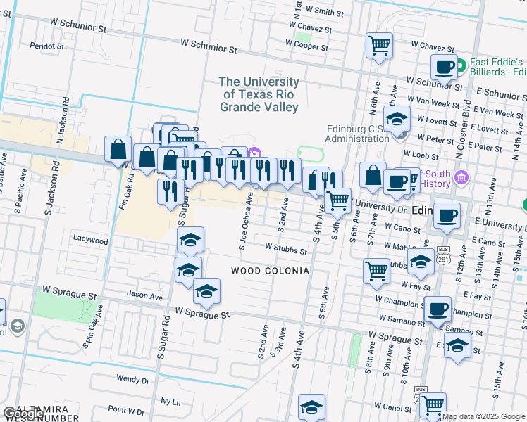 map of restaurants, bars, coffee shops, grocery stores, and more near 201 South 1st Avenue in Edinburg