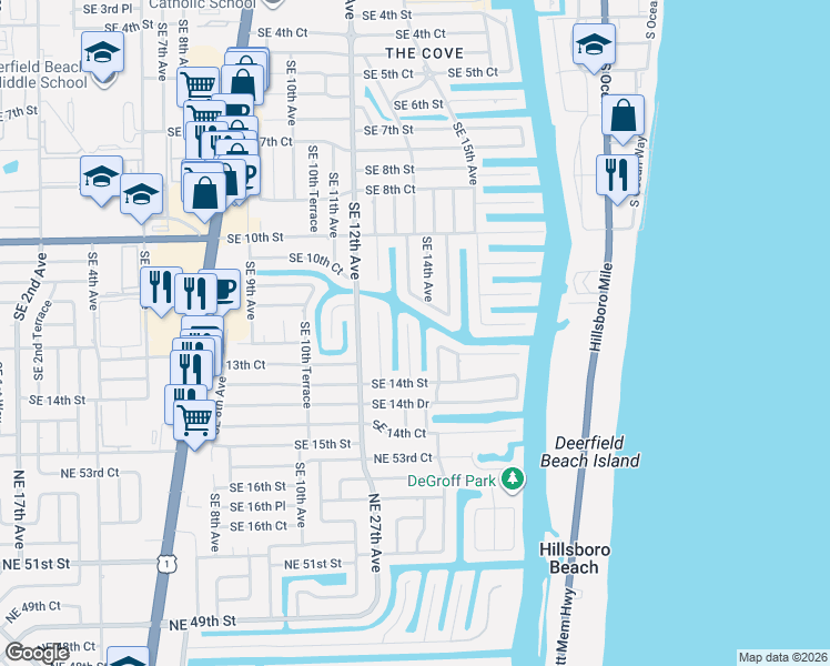 map of restaurants, bars, coffee shops, grocery stores, and more near 1316 Southeast 12th Street in Deerfield Beach