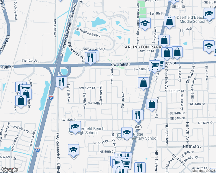 map of restaurants, bars, coffee shops, grocery stores, and more near 1191 Southwest 6th Avenue in Deerfield Beach