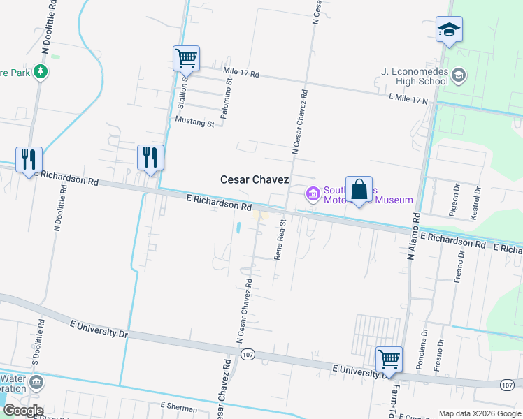 map of restaurants, bars, coffee shops, grocery stores, and more near 1010 North Cesar Chavez Drive in Edinburg