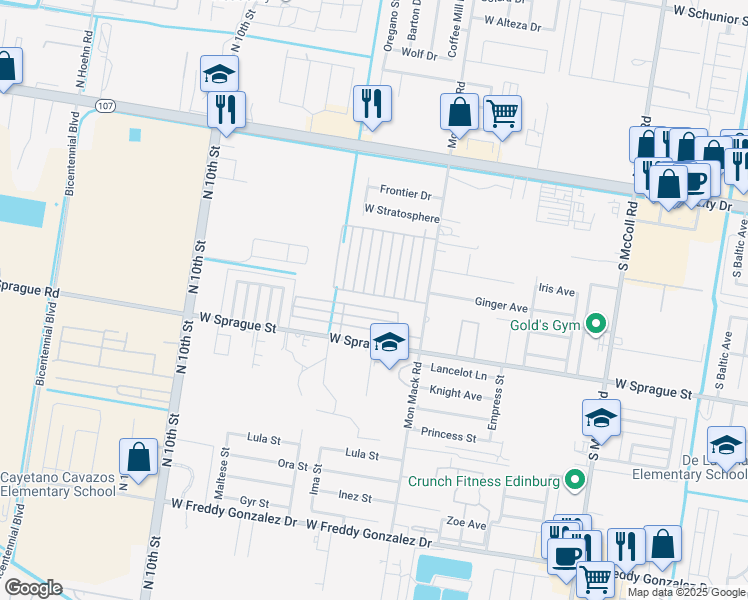 map of restaurants, bars, coffee shops, grocery stores, and more near 512 Downing Avenue in Edinburg