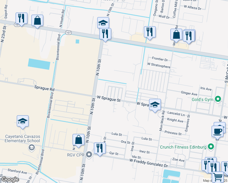 map of restaurants, bars, coffee shops, grocery stores, and more near 629 DFW Drive in Edinburg