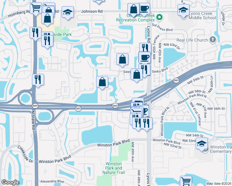 map of restaurants, bars, coffee shops, grocery stores, and more near 4835 Northwest 58th Place in Coconut Creek
