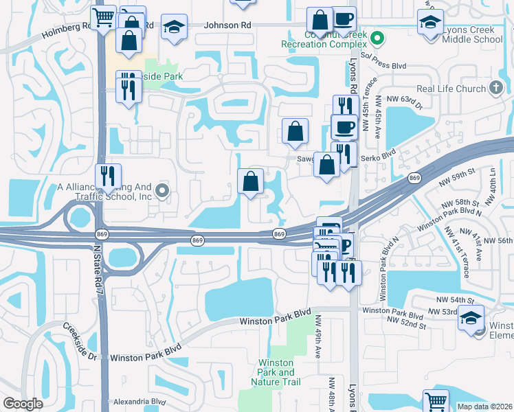 map of restaurants, bars, coffee shops, grocery stores, and more near 5814 Northwest 49th Lane in Coconut Creek