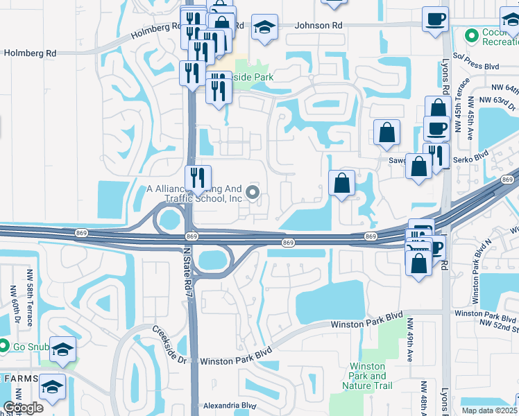 map of restaurants, bars, coffee shops, grocery stores, and more near 5540 Northwest 61st Street in Coconut Creek