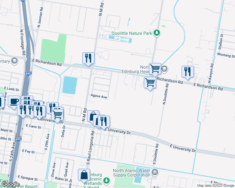 map of restaurants, bars, coffee shops, grocery stores, and more near 608 Bougainvillea Avenue in Edinburg