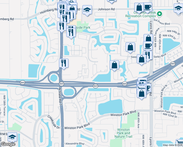 map of restaurants, bars, coffee shops, grocery stores, and more near 5550 Northwest 61st Street in Coconut Creek