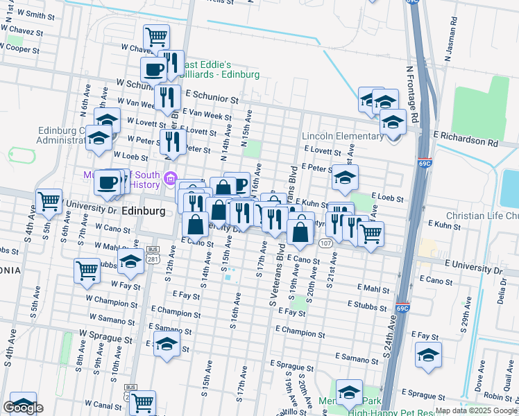 map of restaurants, bars, coffee shops, grocery stores, and more near 704 East Kuhn Street in Edinburg