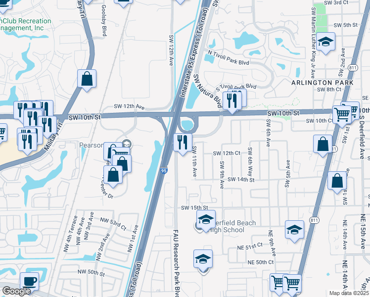 map of restaurants, bars, coffee shops, grocery stores, and more near 1200 FAU Research Park Boulevard in Deerfield Beach
