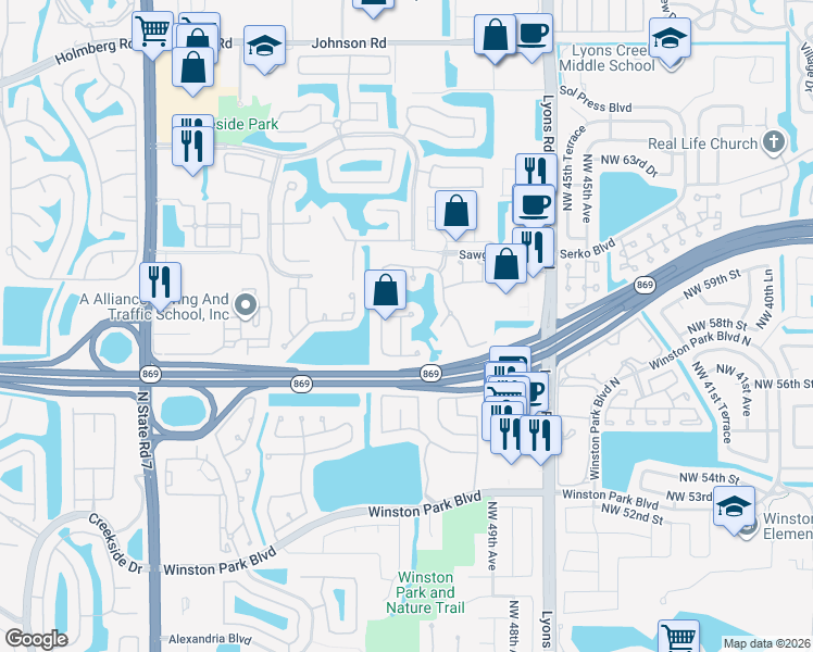 map of restaurants, bars, coffee shops, grocery stores, and more near 4835 Northwest 58th Place in Coconut Creek