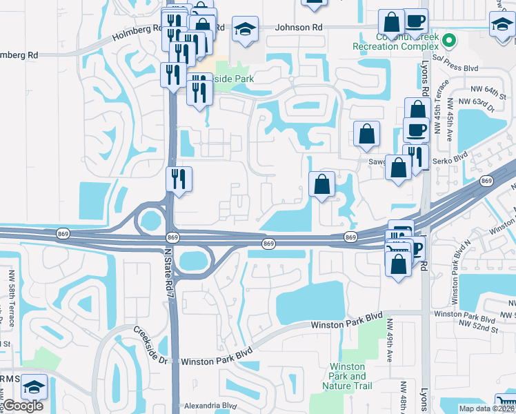 map of restaurants, bars, coffee shops, grocery stores, and more near 5550 Northwest 61st Street in Coconut Creek