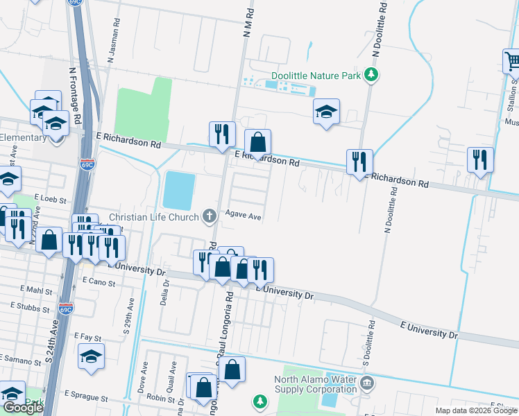 map of restaurants, bars, coffee shops, grocery stores, and more near 2511 Verbena Avenue in Edinburg