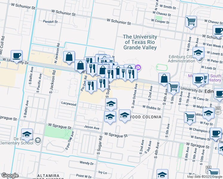 map of restaurants, bars, coffee shops, grocery stores, and more near 1516 West University Drive in Edinburg