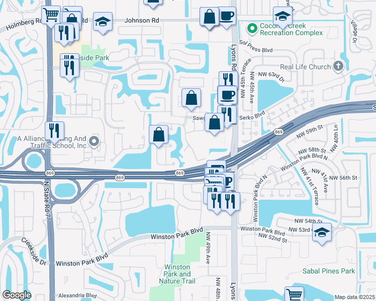 map of restaurants, bars, coffee shops, grocery stores, and more near 4824 Northwest 58th Manor in Coconut Creek