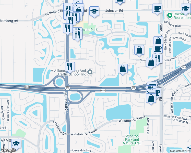 map of restaurants, bars, coffee shops, grocery stores, and more near 5540 Northwest 61st Street in Coconut Creek