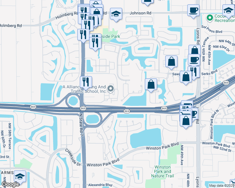 map of restaurants, bars, coffee shops, grocery stores, and more near 5540 Northwest 61st Street in Coconut Creek