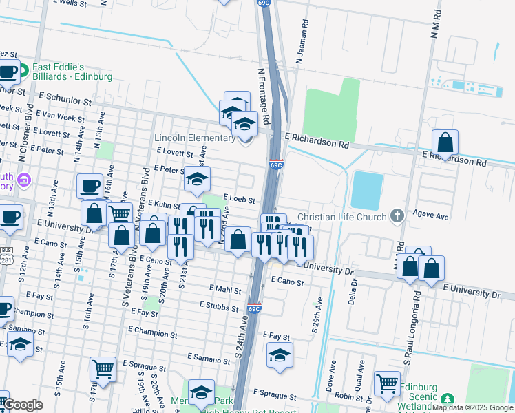 map of restaurants, bars, coffee shops, grocery stores, and more near 1415 East Loeb Street in Edinburg