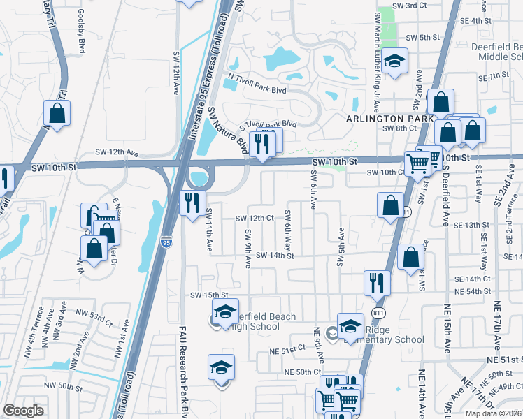 map of restaurants, bars, coffee shops, grocery stores, and more near 1131 Southwest 8th Avenue in Deerfield Beach