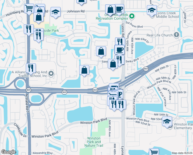 map of restaurants, bars, coffee shops, grocery stores, and more near 4835 Northwest 58th Place in Coconut Creek