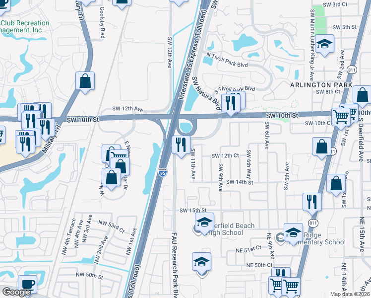 map of restaurants, bars, coffee shops, grocery stores, and more near 1071 Southwest 11th Court in Deerfield Beach