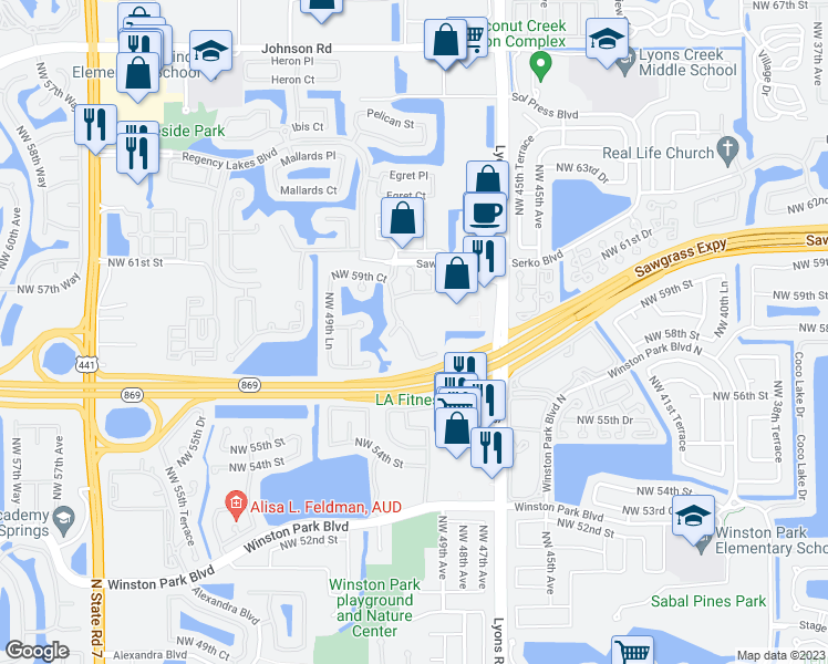 map of restaurants, bars, coffee shops, grocery stores, and more near 4765 Northwest 59th Manor in Coconut Creek