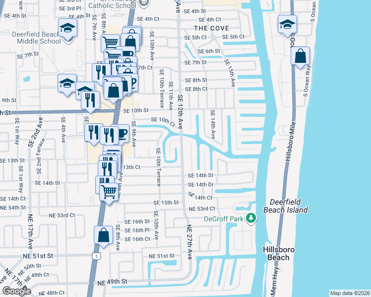 map of restaurants, bars, coffee shops, grocery stores, and more near 1209 Southeast 12th Terrace in Deerfield Beach