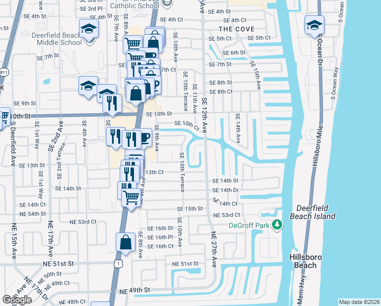 map of restaurants, bars, coffee shops, grocery stores, and more near 1106 Southeast 12th Street in Deerfield Beach