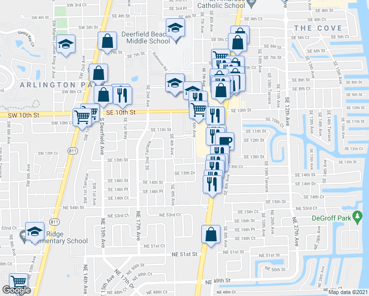 map of restaurants, bars, coffee shops, grocery stores, and more near 1180 Southeast 4th Avenue in Deerfield Beach