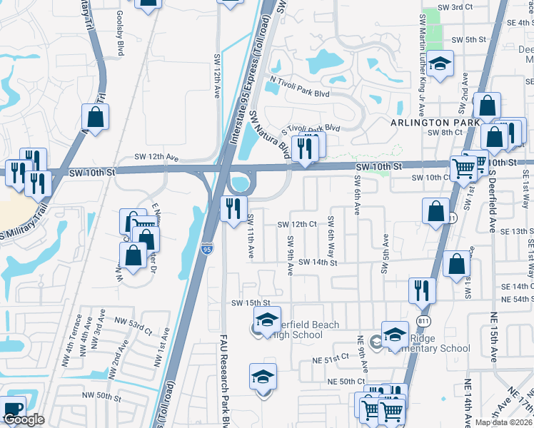 map of restaurants, bars, coffee shops, grocery stores, and more near 1011 Southwest 11th Court in Deerfield Beach