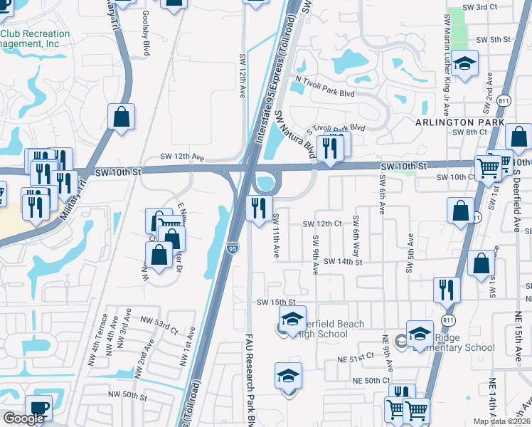 map of restaurants, bars, coffee shops, grocery stores, and more near 1071 Southwest 11th Court in Deerfield Beach
