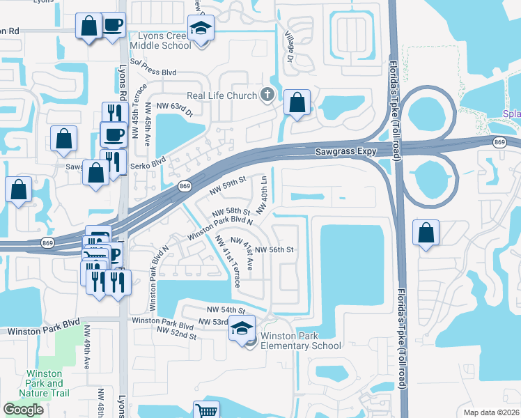 map of restaurants, bars, coffee shops, grocery stores, and more near 5851 Northwest 40th Lane in Coconut Creek