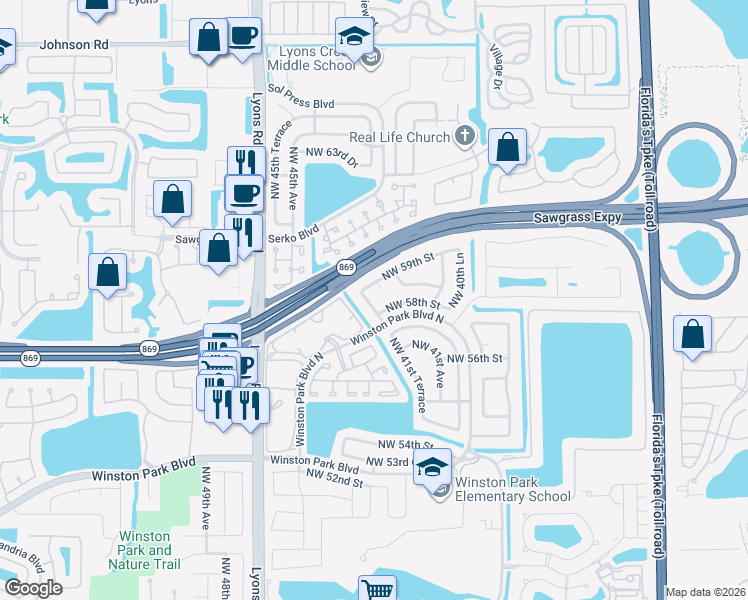 map of restaurants, bars, coffee shops, grocery stores, and more near 5874 Northwest 41st Way in Coconut Creek