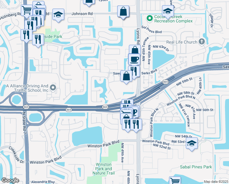 map of restaurants, bars, coffee shops, grocery stores, and more near 4765 Northwest 59th Manor in Coconut Creek