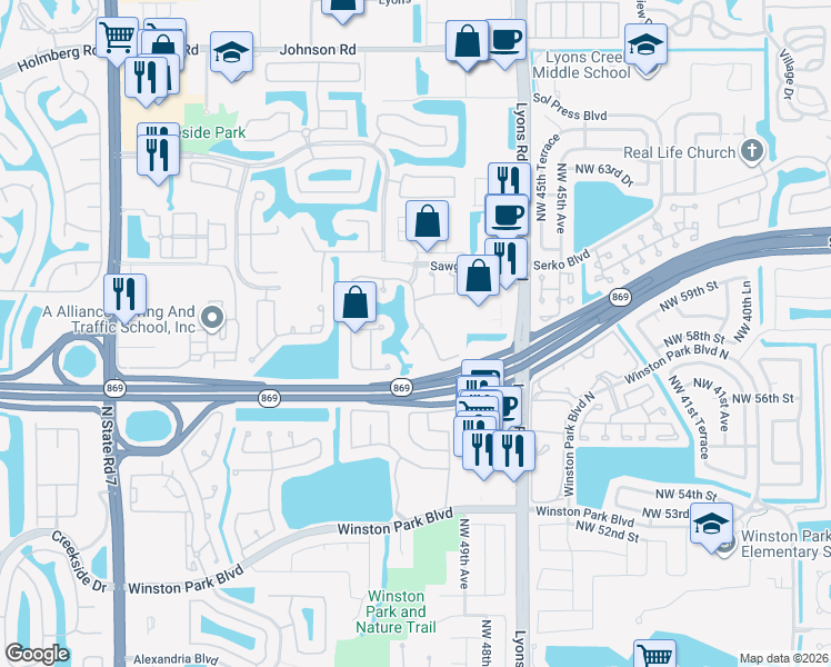 map of restaurants, bars, coffee shops, grocery stores, and more near 4765 Northwest 59th Manor in Coconut Creek