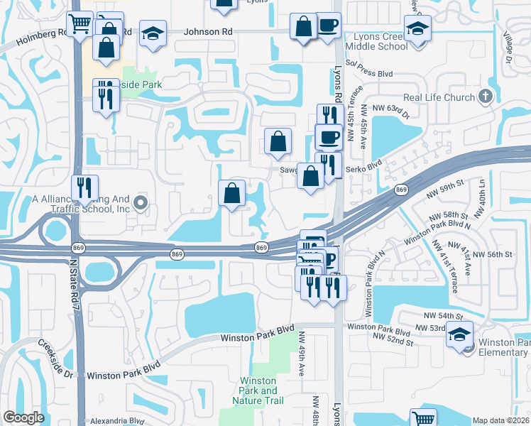 map of restaurants, bars, coffee shops, grocery stores, and more near 4835 Northwest 58th Place in Coconut Creek