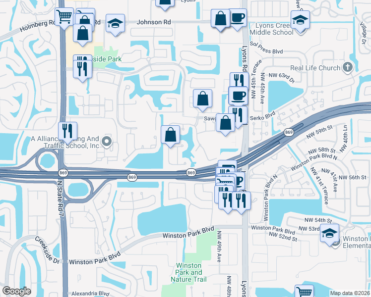 map of restaurants, bars, coffee shops, grocery stores, and more near 4835 Northwest 58th Place in Coconut Creek