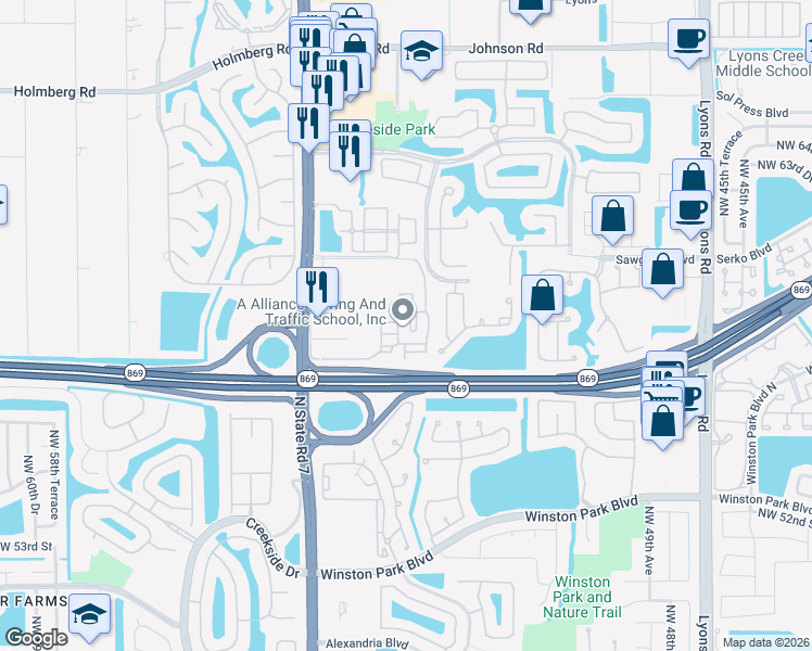 map of restaurants, bars, coffee shops, grocery stores, and more near 5630 Northwest 61st Street in Coconut Creek